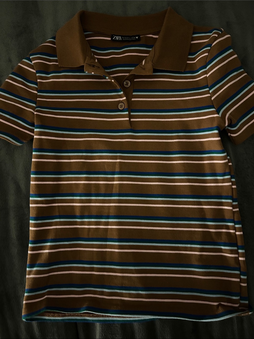 Zara Brown Polo with Blue and Cream Stripes